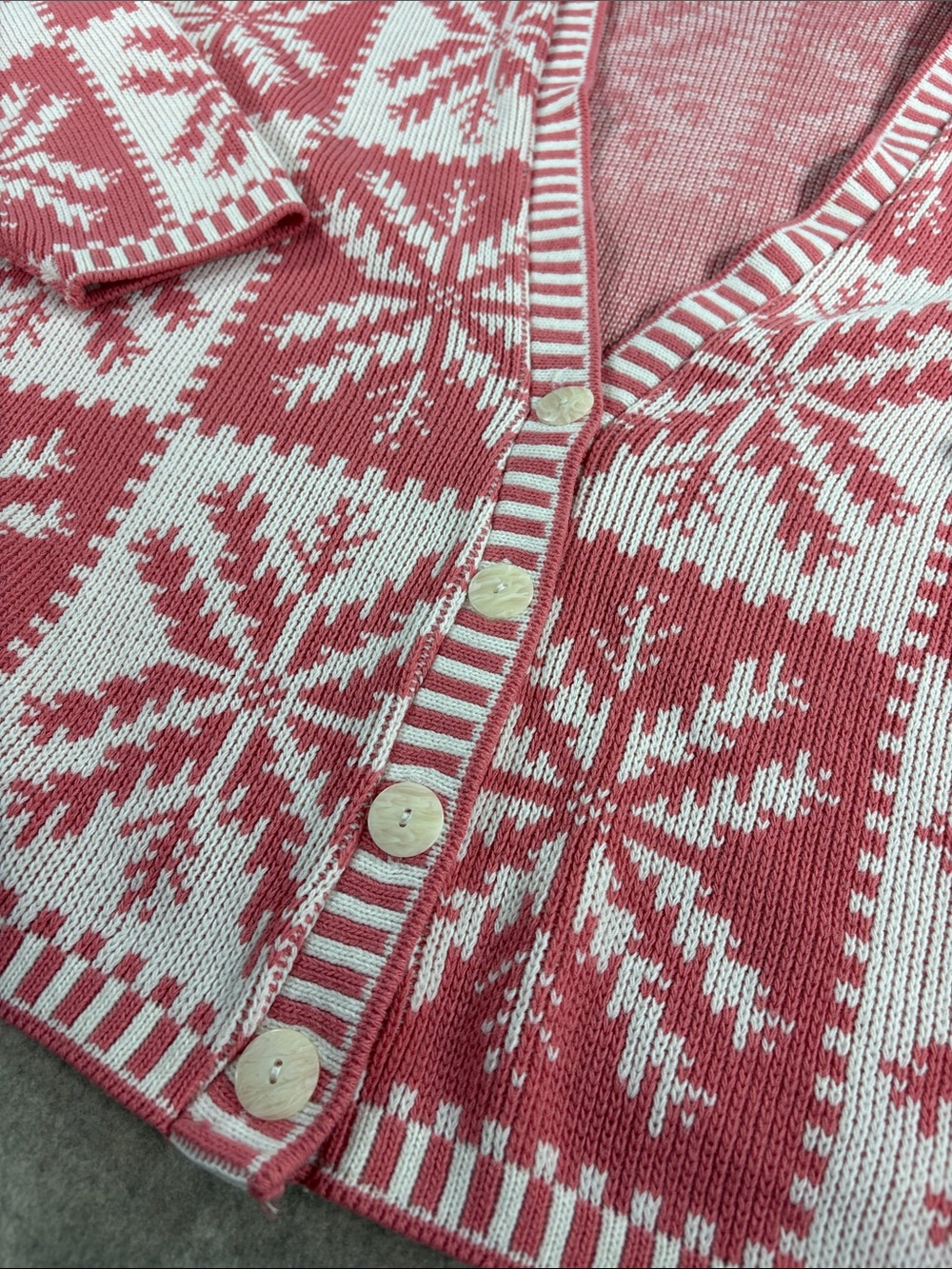 VTG 80s Private Eyes Snowflake Cardigan Sweater L/XL Pink White Grandpacore USA - Picture 4 of 7